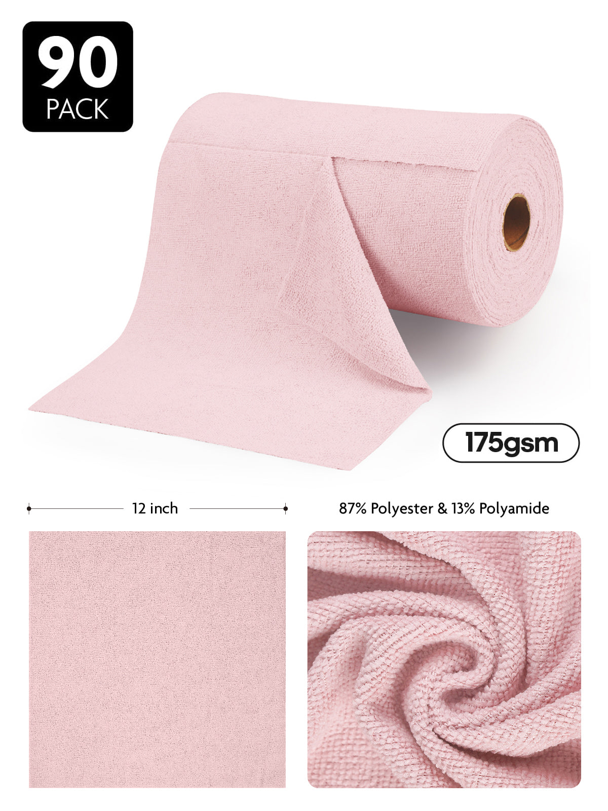 90 Pack Microfiber on a Roll Tear-Away Cleaning Towels, Reusable and Washable Cloths, for Car(Pink)