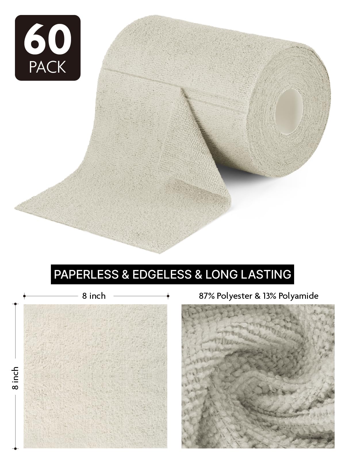 60-Pack 8x8 Inch Microfiber on a Roll Tear-Away Cleaning Towels for Car, House(White)
