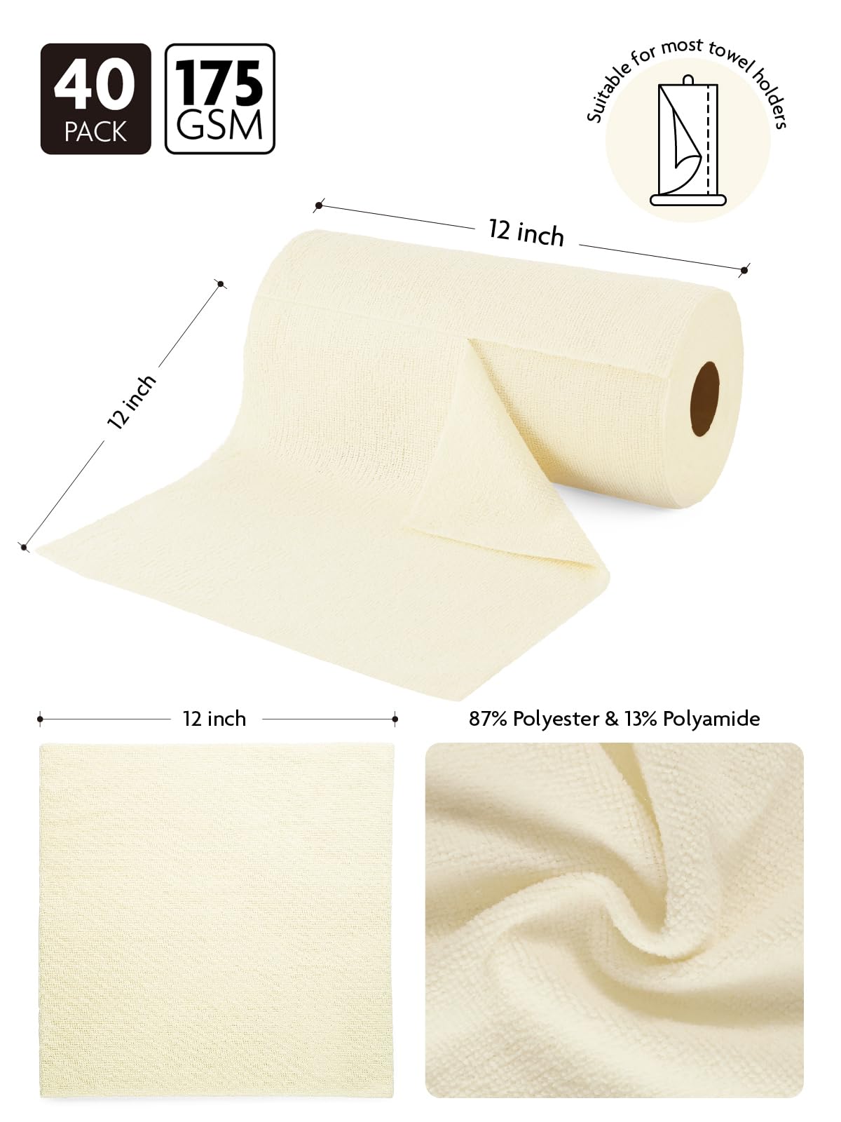40 Pack Microfiber on a Roll Tear-Away Cleaning Towels, Reusable and Washable Cloths, for Car (Beige)