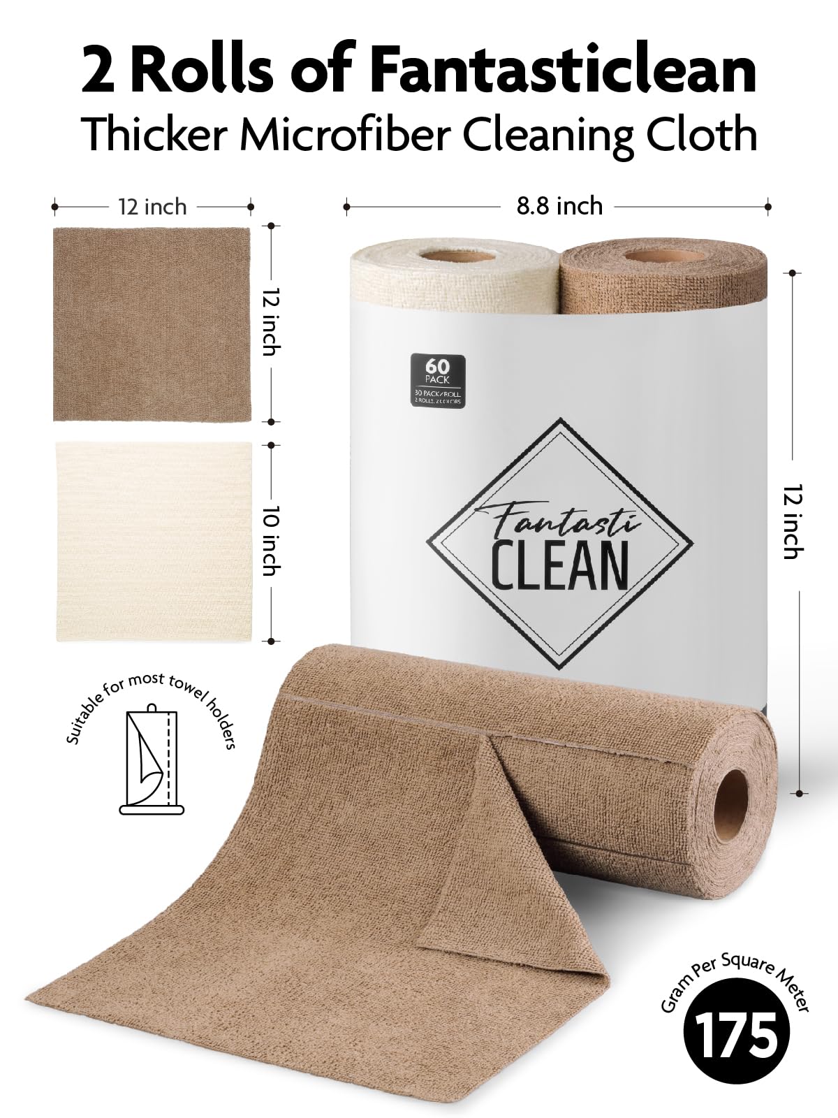 60 Pack Microfiber on a Roll Tear-Away Cleaning Towels, Reusable and Washable Cloths, for Car (Beige, Tan)