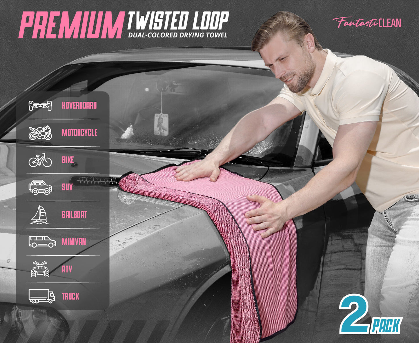 FantastiCLEAN Premium Car Drying Towels 2-Pack - 32"x24" Dual-Color Blue