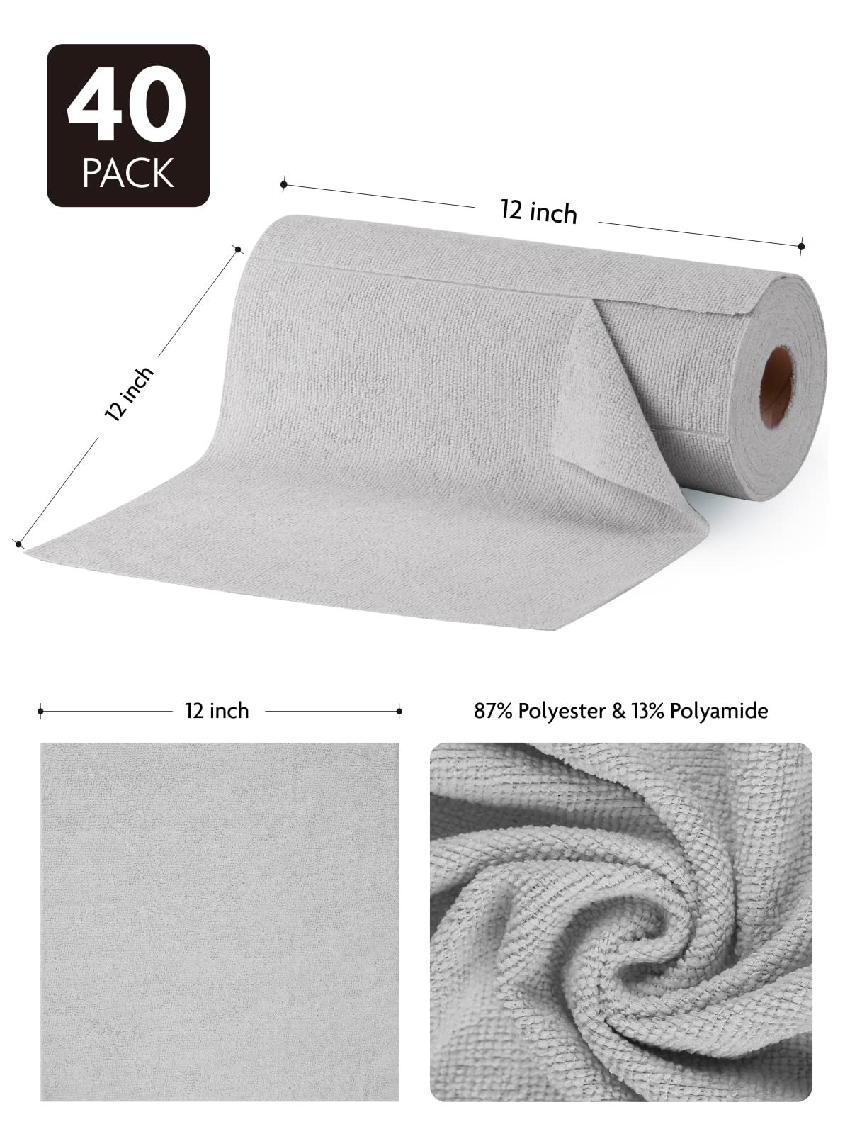 40 Pack Microfiber on a Roll Tear-Away Cleaning Towels, Reusable and Washable Cloths, for Car, House