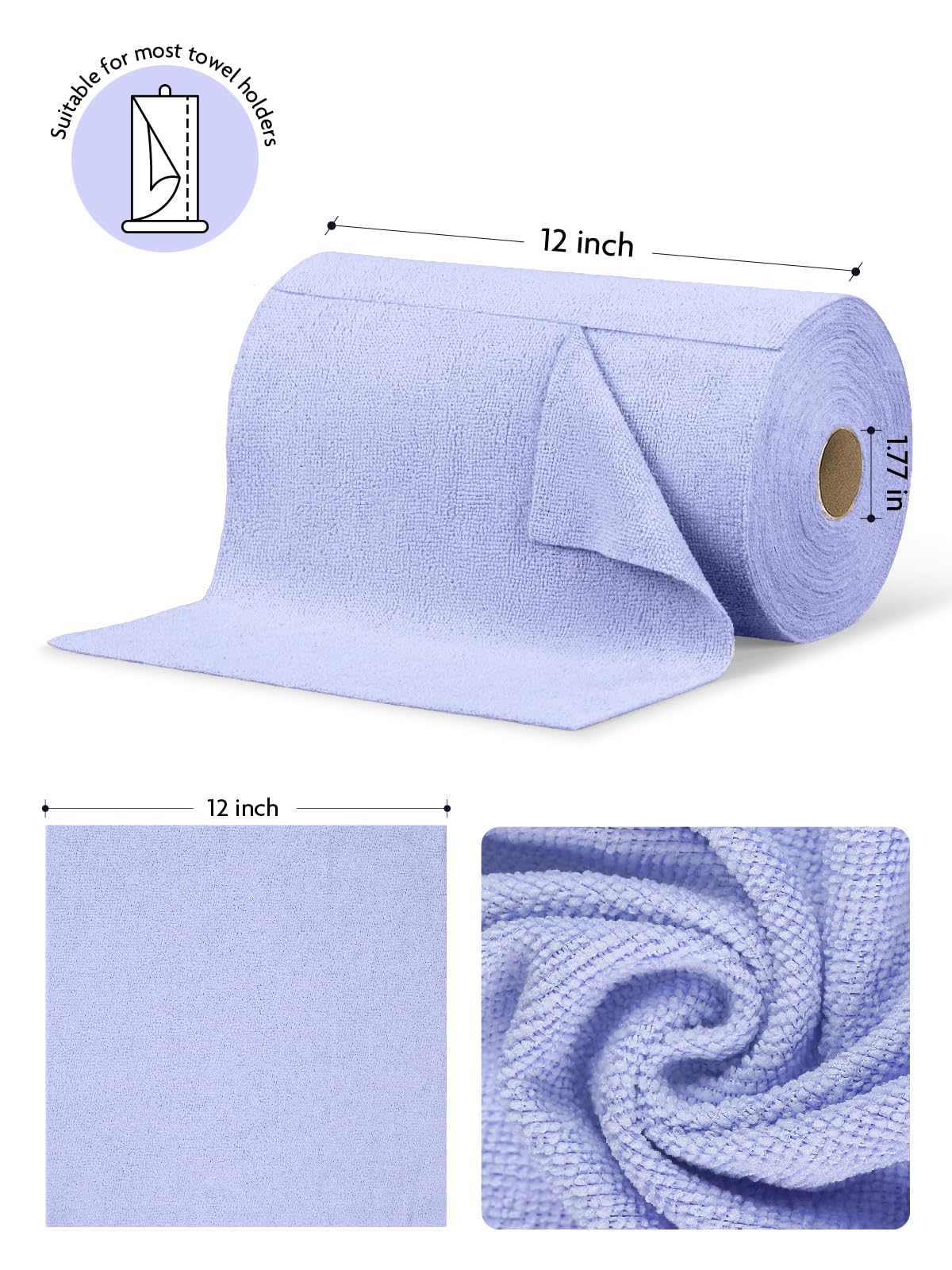 75 Pack Microfiber Cleaning Cloth Roll Tear Away Microfiber Towels 12" x 12"(Lavender )