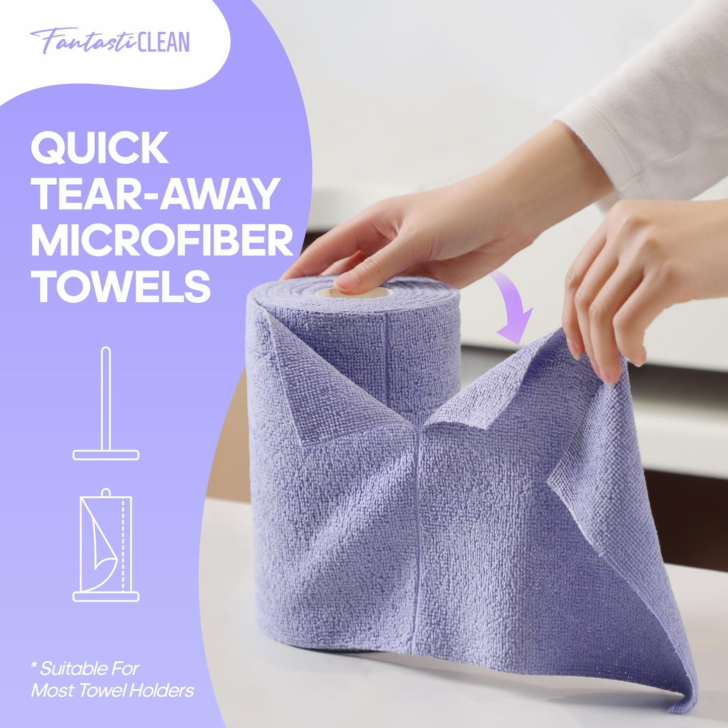 60-Pack 8x8 Inch Microfiber on a Roll Tear-Away Cleaning Towels for Car, House(Purple)