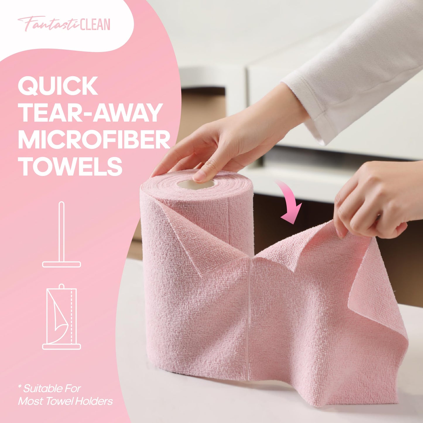60-Pack 8x8 Inch Microfiber on a Roll Tear-Away Cleaning Towels for Car, House(Pink)