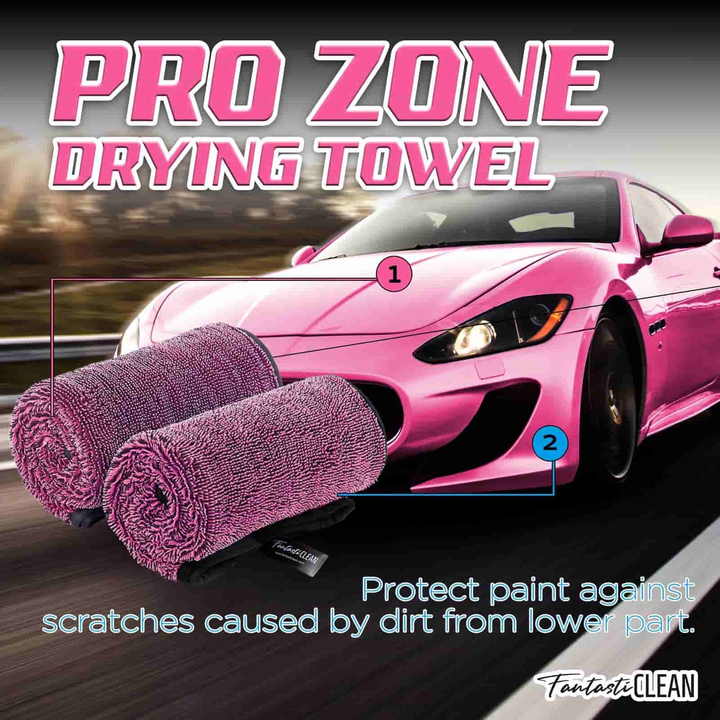 FantastiCLEAN Large Dual-Sided Car Drying Towels 2-Pack - 32"x24" Pink