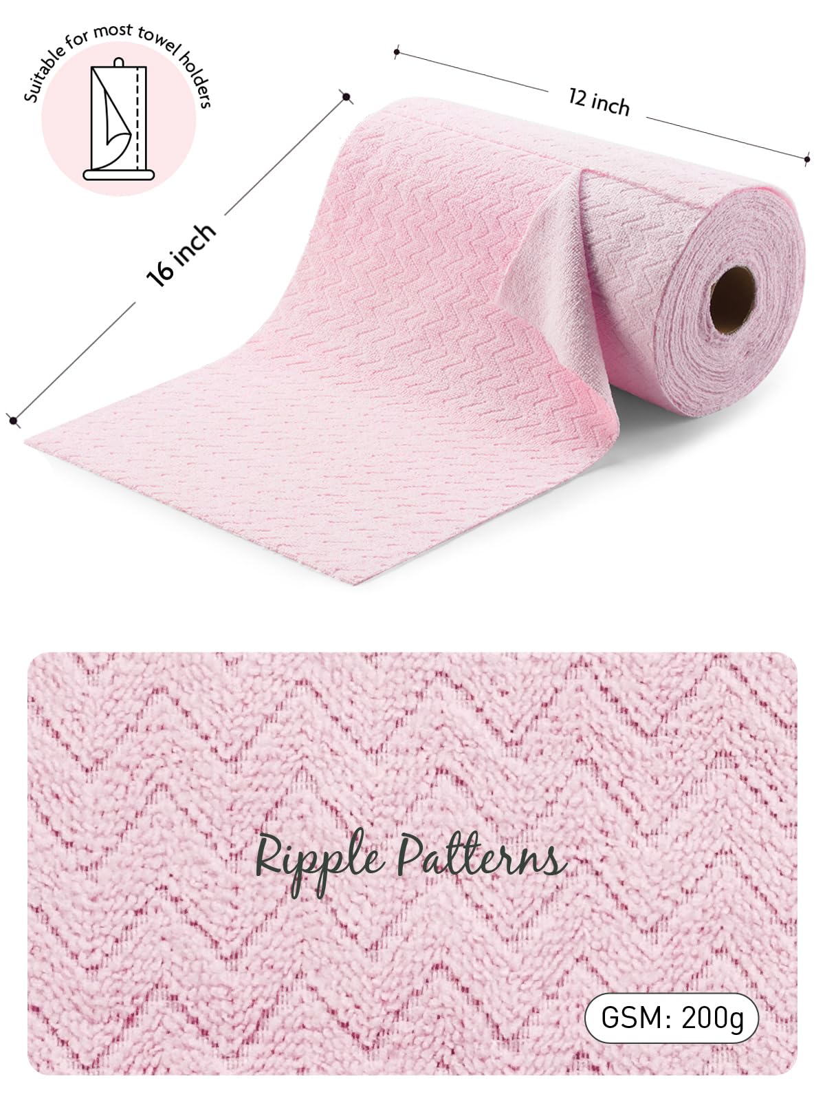 50 Pack 16" x 12" Microfiber Cleaning Cloth Roll Reusable Tear Away Microfiber Towels (Pink Ripple)