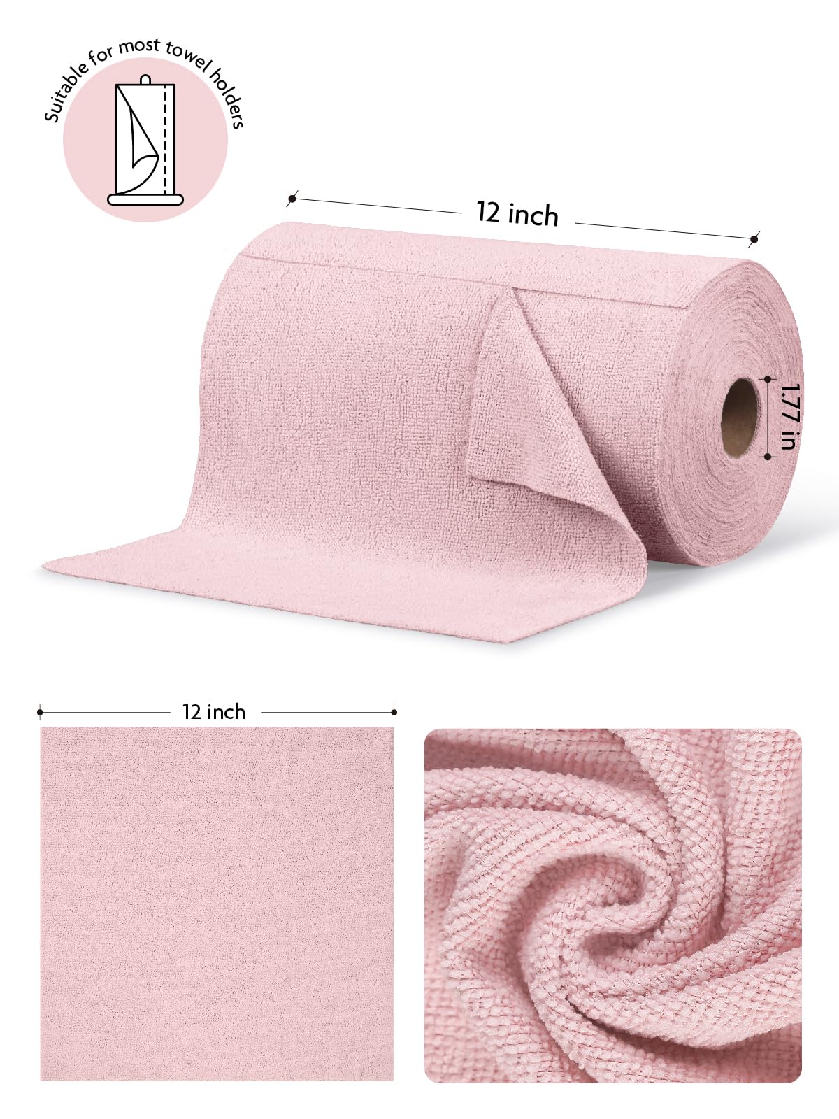 9Pcs Microfiber on a Roll Tear-Away Cleaning Towels, Reusable and Washable Cloths for Car, House(Pink)