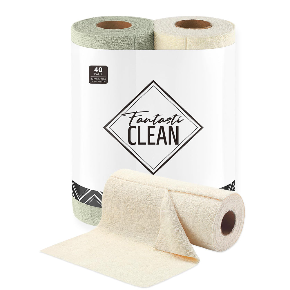 40 Pack Microfiber on a Roll Tear-Away Cleaning Towels, Reusable and Washable Cloths, for Car （2 Rolls of Beige and Mossgreen）