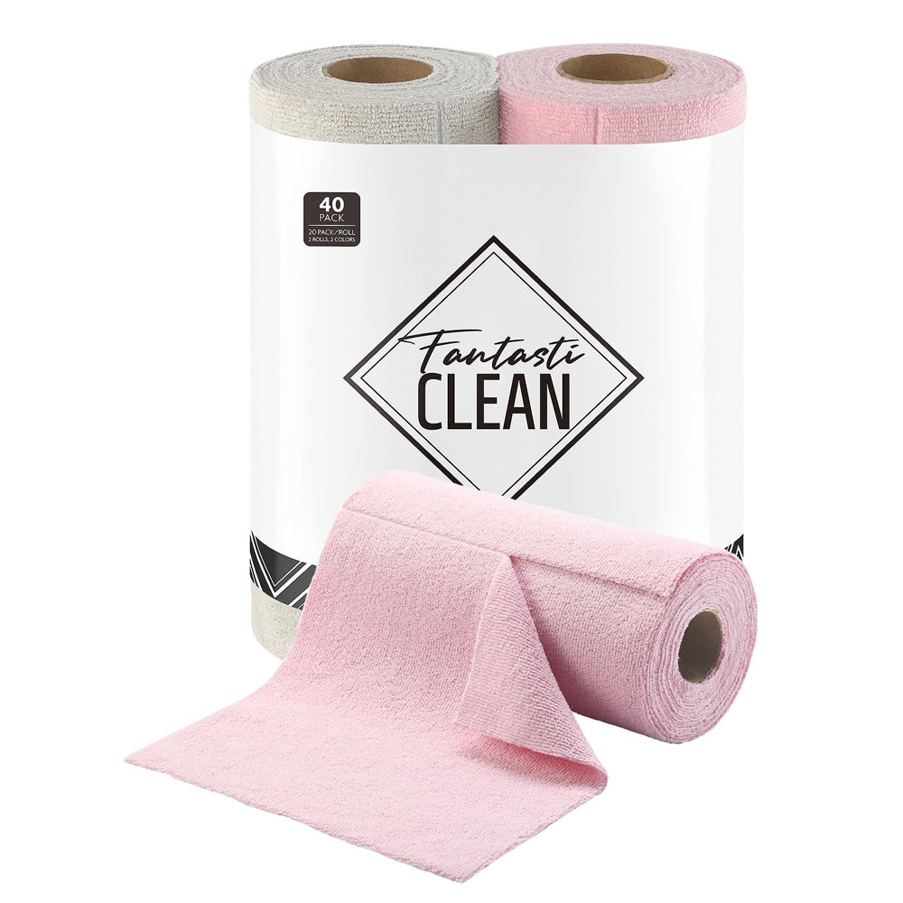 40 Pack Microfiber on a Roll Tear-Away Cleaning Towels, Reusable and Washable Cloths, for Car(2 Rolls of Pink and Grayish)