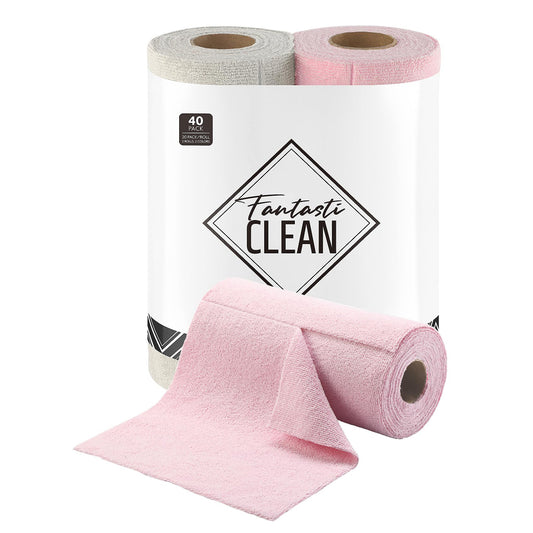 40 Pack Microfiber on a Roll Tear-Away Cleaning Towels, Reusable and Washable Cloths, for Car(2 Rolls of Pink and Grayish)