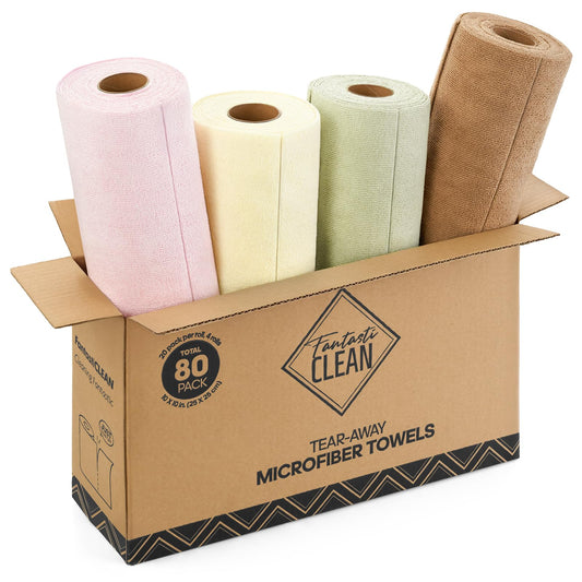 80 Sheets 4 Rolls 10'' by 10'' Microfiber Cleaning Towels Roll Lint-Free Reusable Polishing Cloths (Pink,Grayish,Beige,Tan)