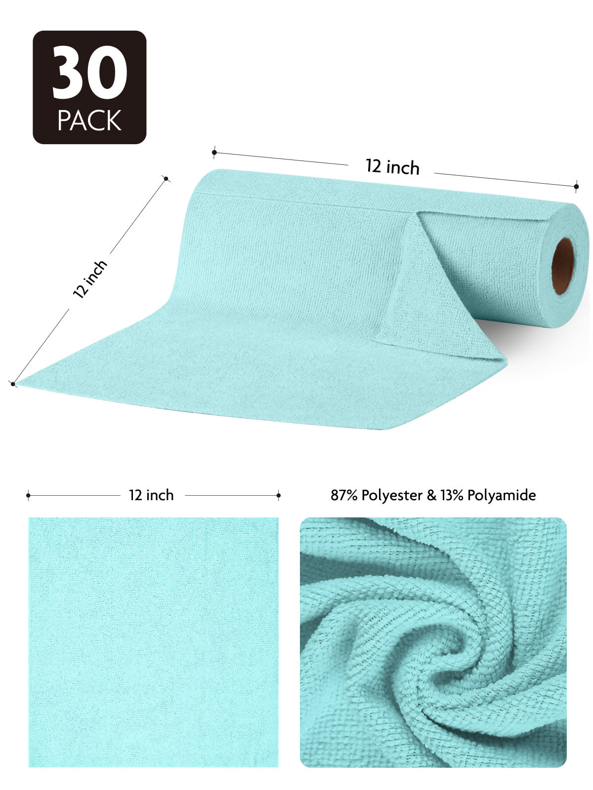 60 Pack Microfiber on a Roll Tear-Away Cleaning Towels, Reusable and Washable Cloths, for Car, House（White and Blue)