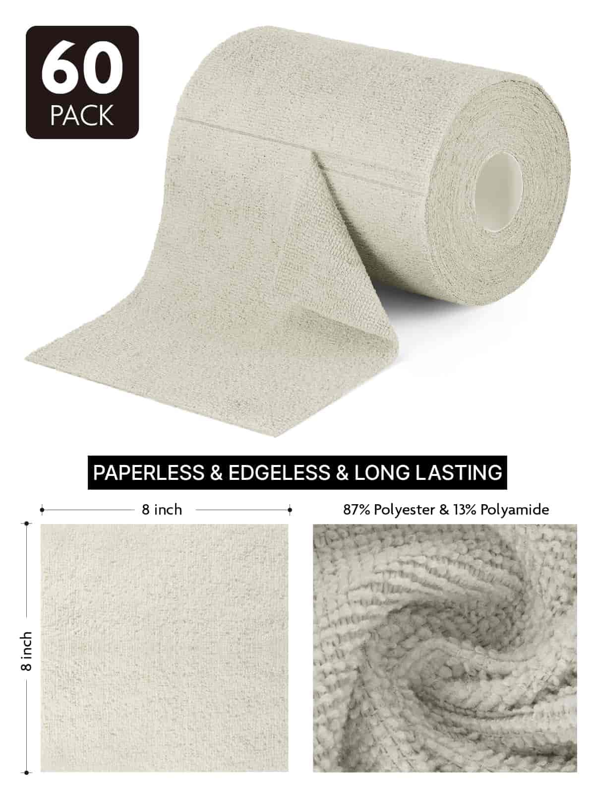 60 Pack Tear-Away Reusable Microfiber Towel Roll - Washable Kitchen Paper Towel Alternative Cleaning Rags (8"x8", White)