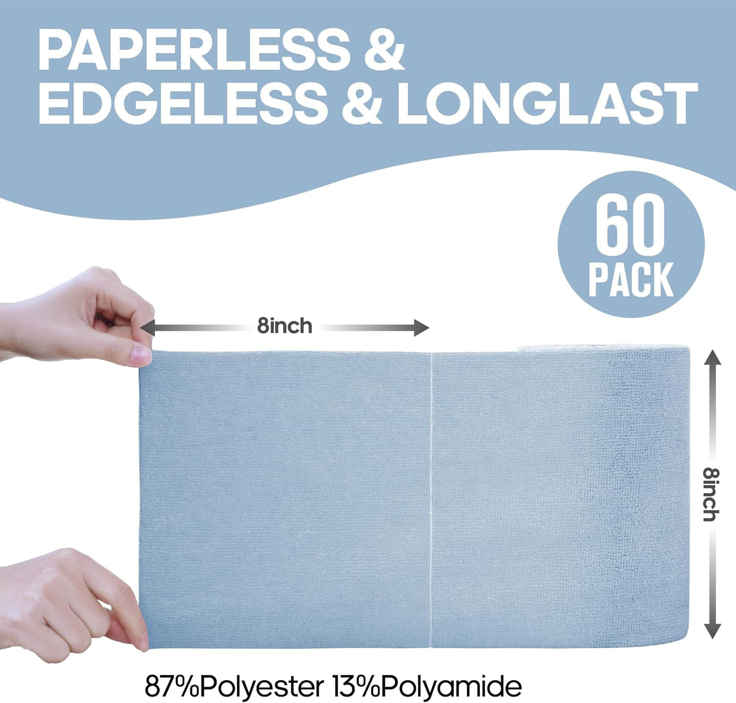 60 Pack Tear-Away Reusable Microfiber Towel Roll - Washable Kitchen Paper Towel Alternative Cleaning Rags (8"x8", Baby Blue)