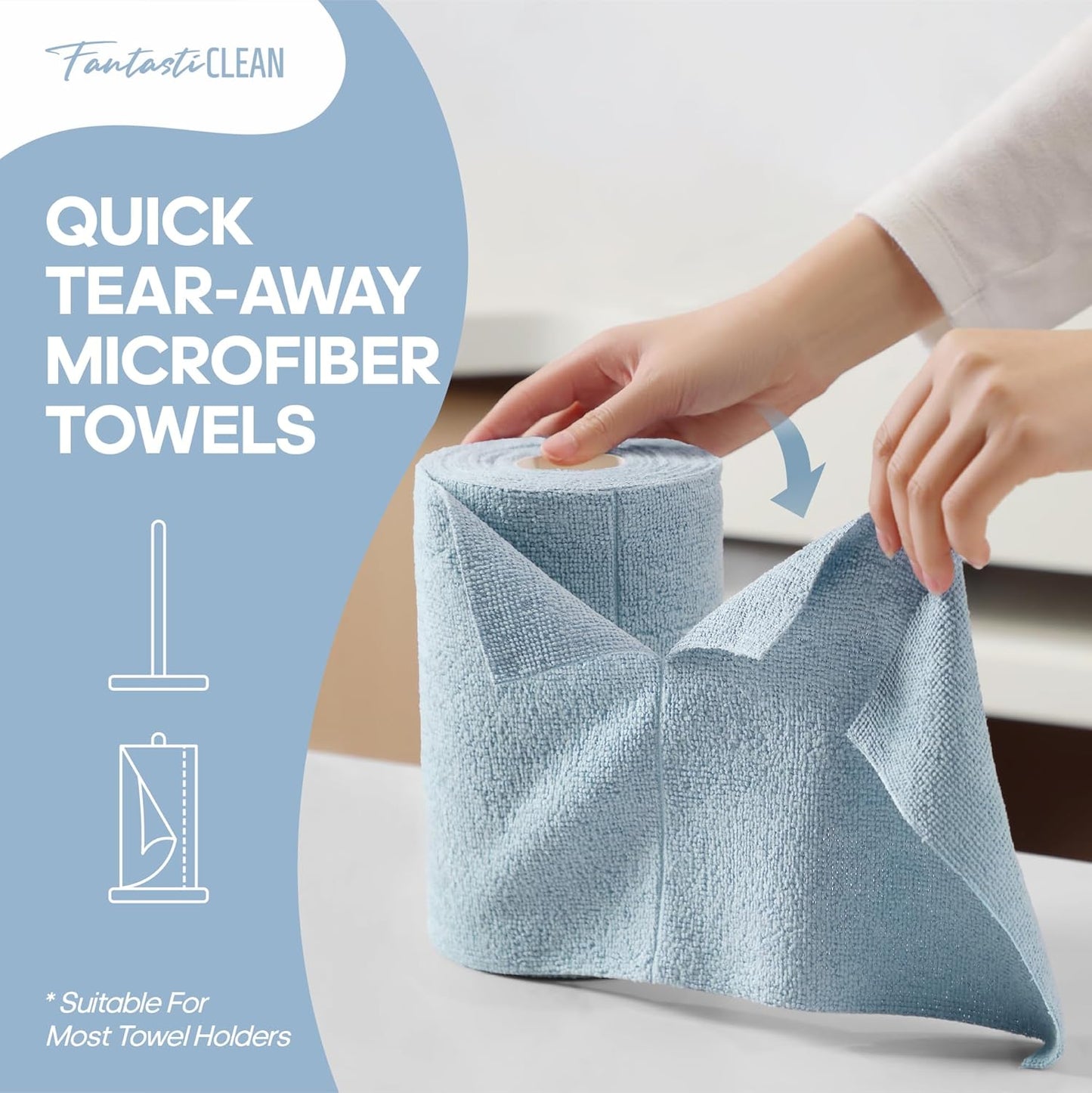 60 Pack Tear-Away Reusable Microfiber Towel Roll - Washable Kitchen Paper Towel Alternative Cleaning Rags (8"x8", Baby Blue)