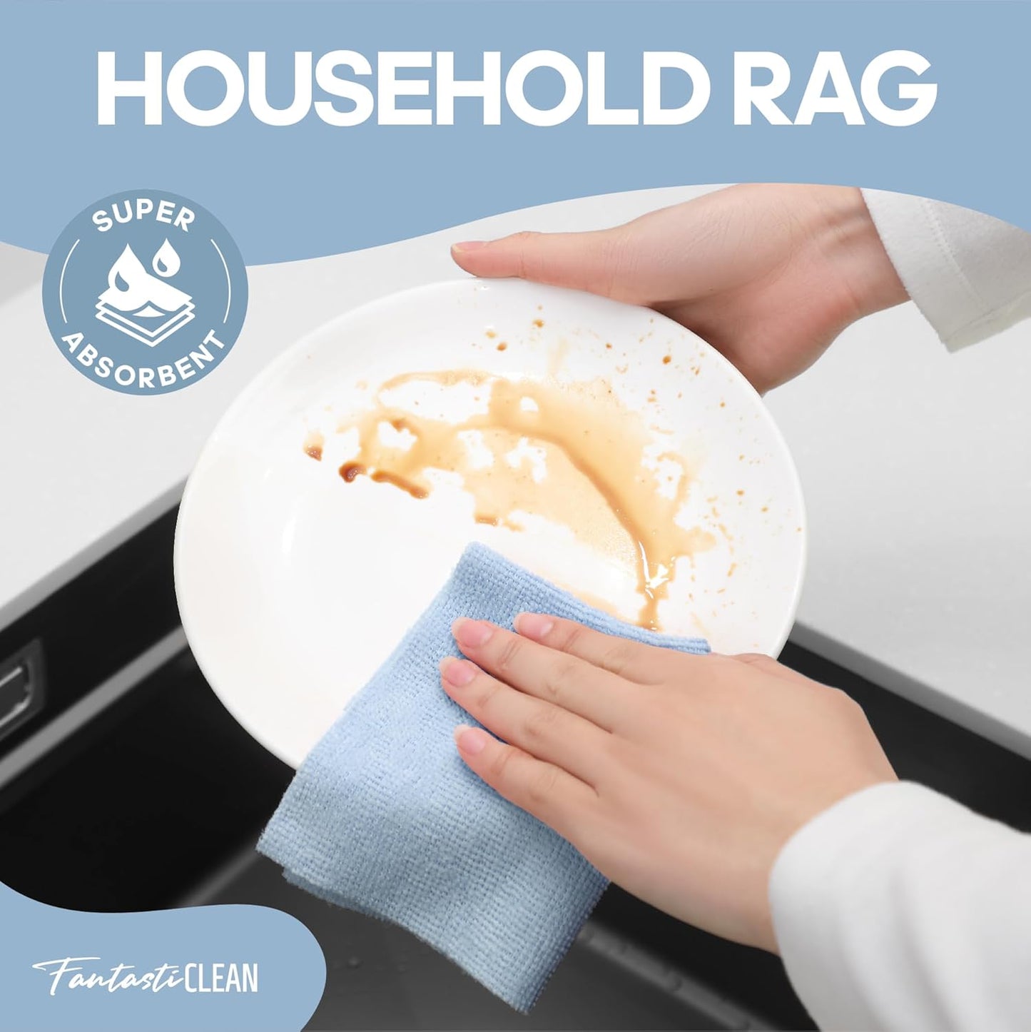 60 Pack Tear-Away Reusable Microfiber Towel Roll - Washable Kitchen Paper Towel Alternative Cleaning Rags (8"x8", Baby Blue)