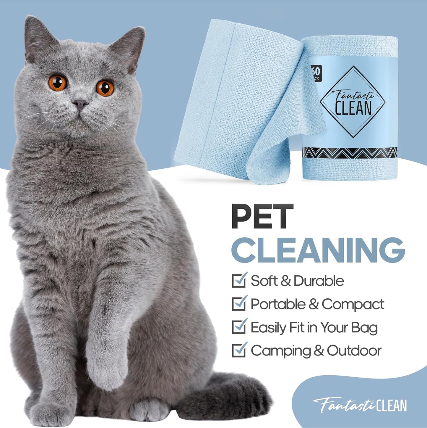 60 Pack Tear-Away Reusable Microfiber Towel Roll - Washable Kitchen Paper Towel Alternative Cleaning Rags (8"x8", Baby Blue)