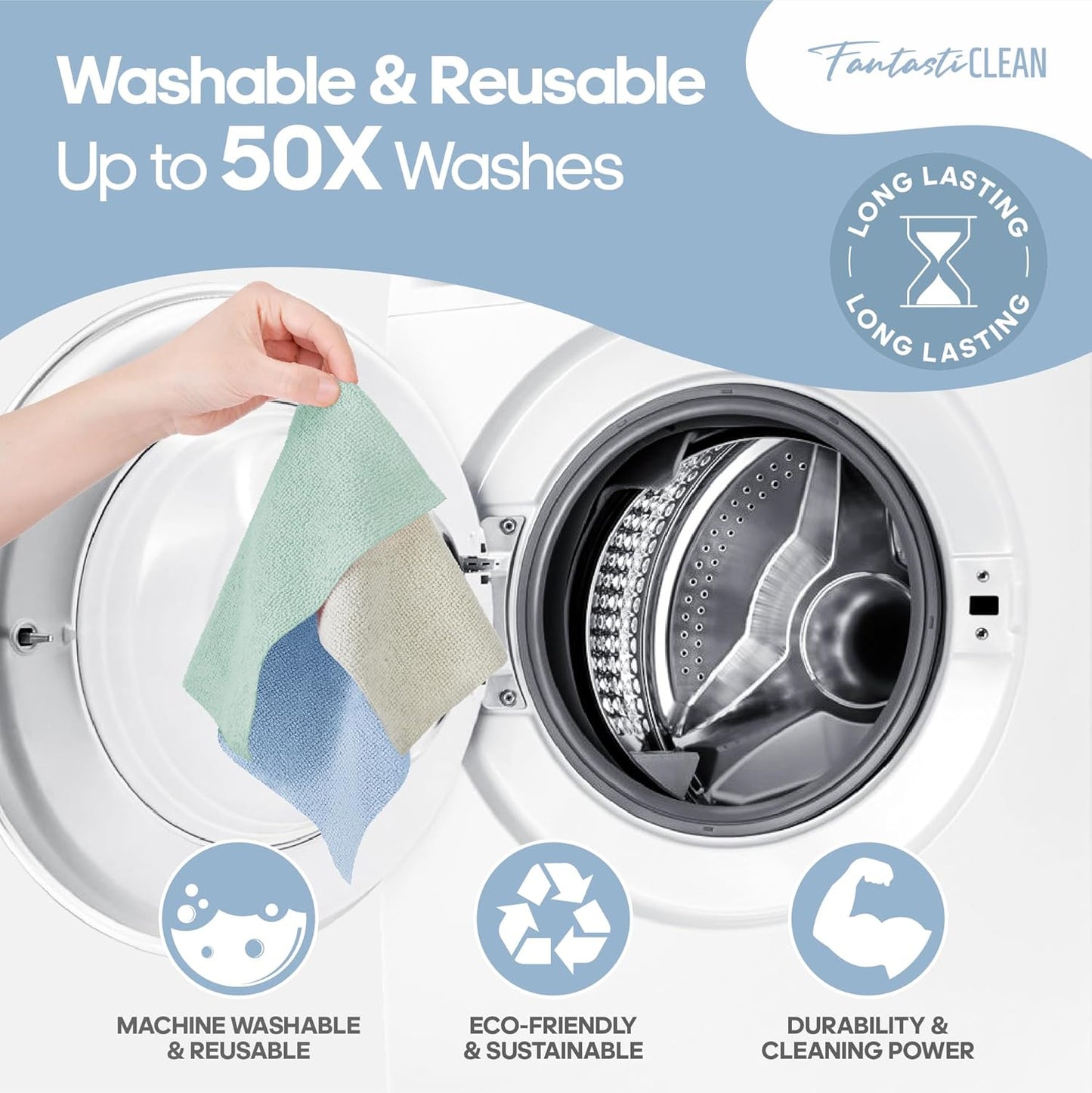 60 Pack Tear-Away Reusable Microfiber Towel Roll - Washable Kitchen Paper Towel Alternative Cleaning Rags (8"x8", Baby Blue)