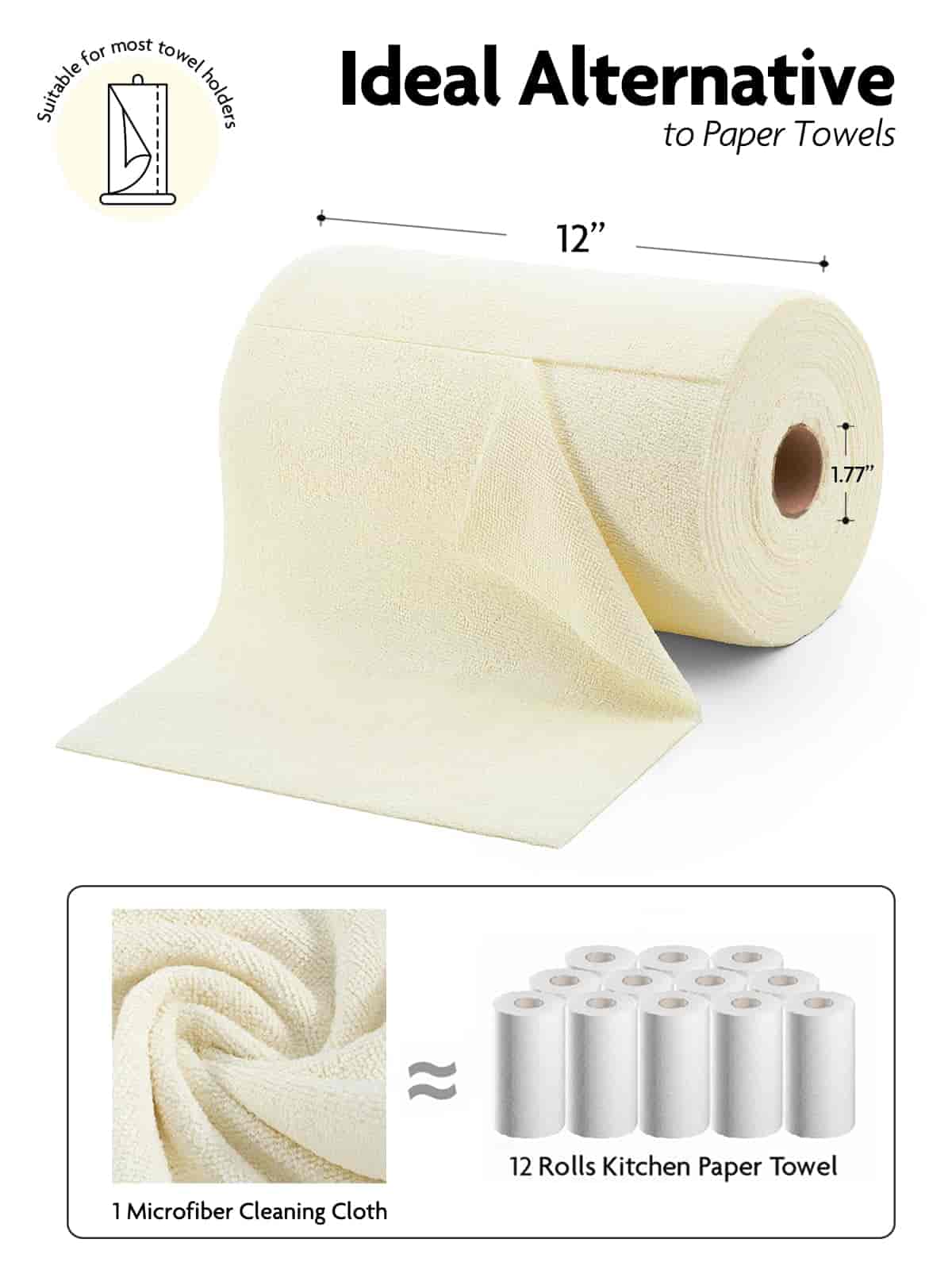 Easy Tear-Away Microfiber Cleaning Roll (75-Pack) - Satisfying, Washable & Reusable - 12"x12"(Beige)