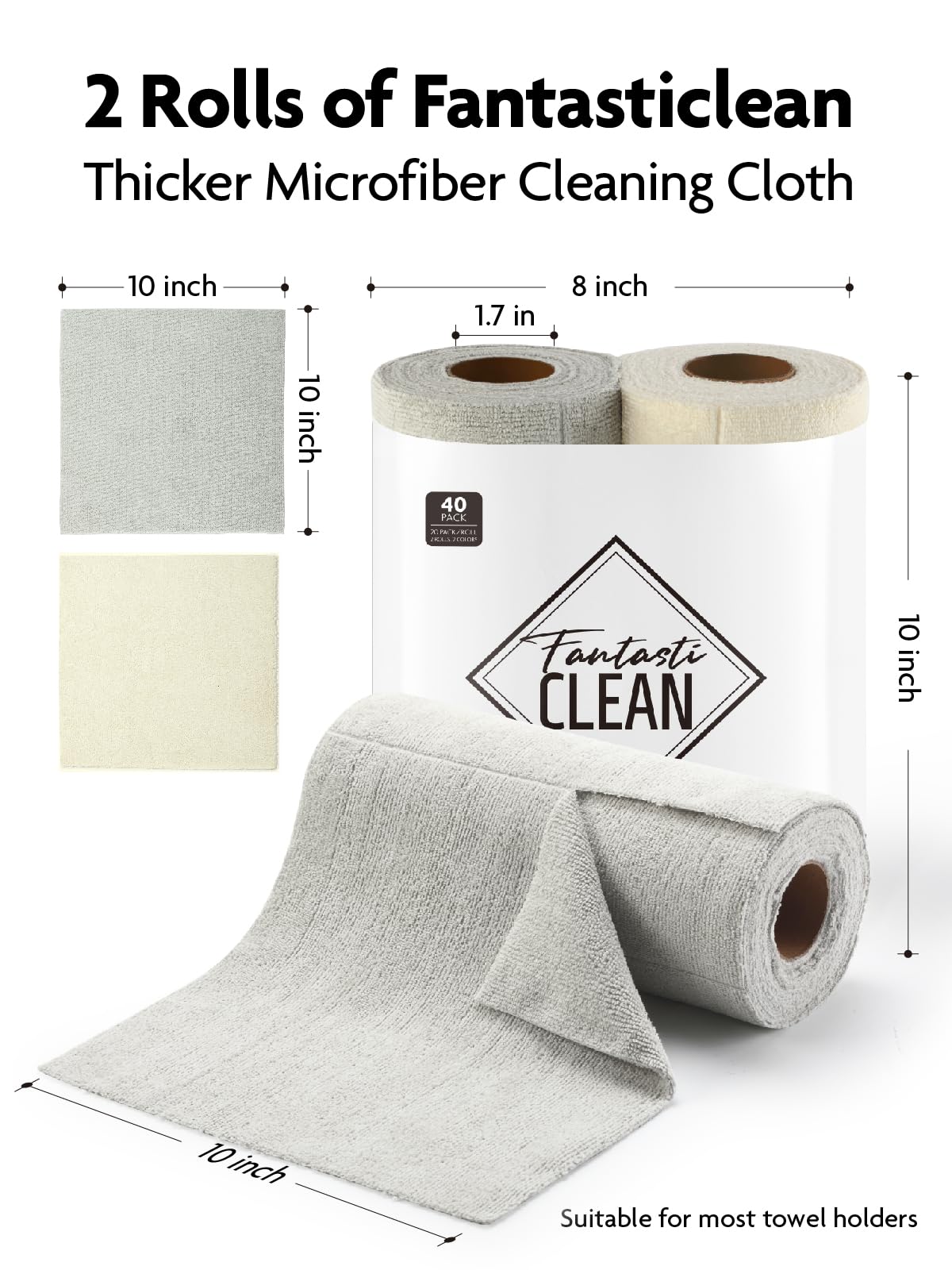 40 Pack Microfiber on a Roll Tear-Away Cleaning Towels, Reusable and Washable Cloths, for Car2 Rolls of Beige and Grey