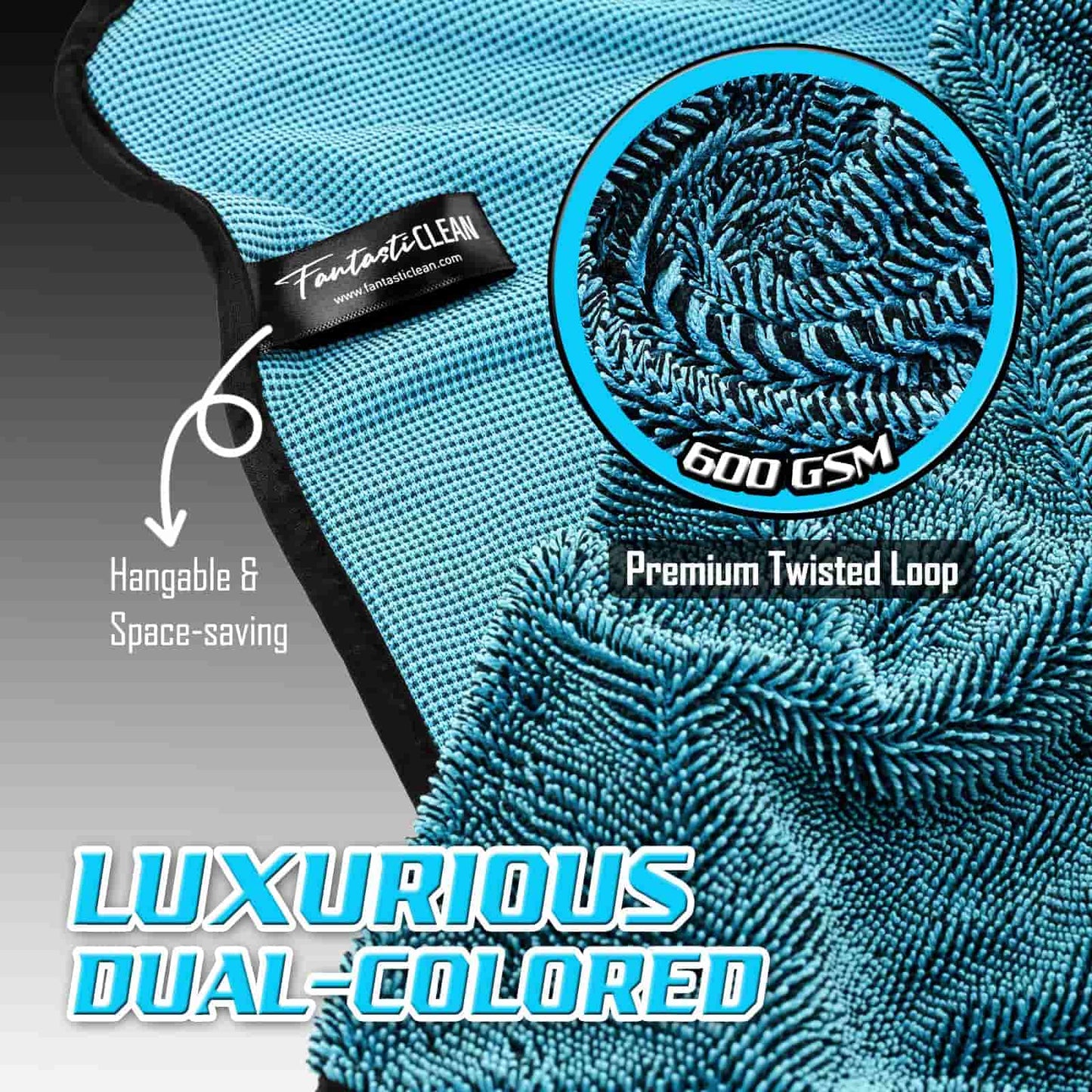FantastiCLEAN Premium Car Drying Towels 2-Pack - 32"x24" Dual-Color Blue