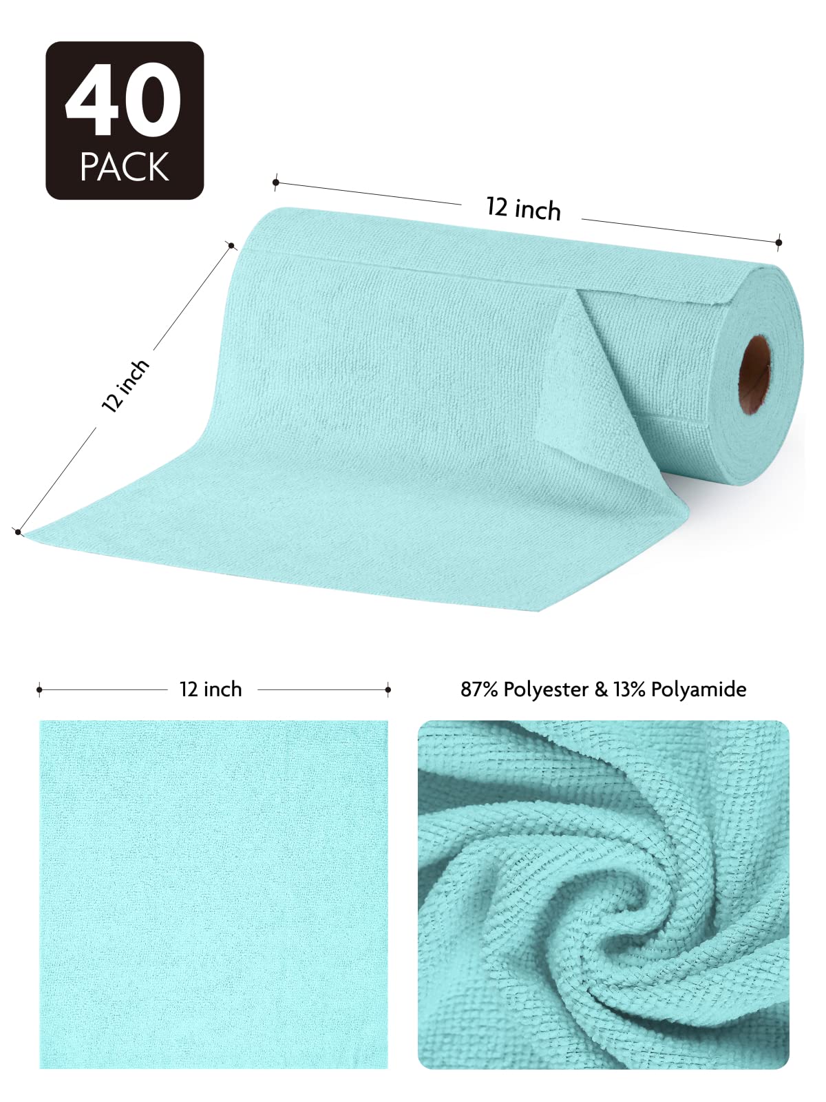 40 Pack Microfiber on a Roll Tear-Away Cleaning Towels, Reusable and Washable Cloths for House