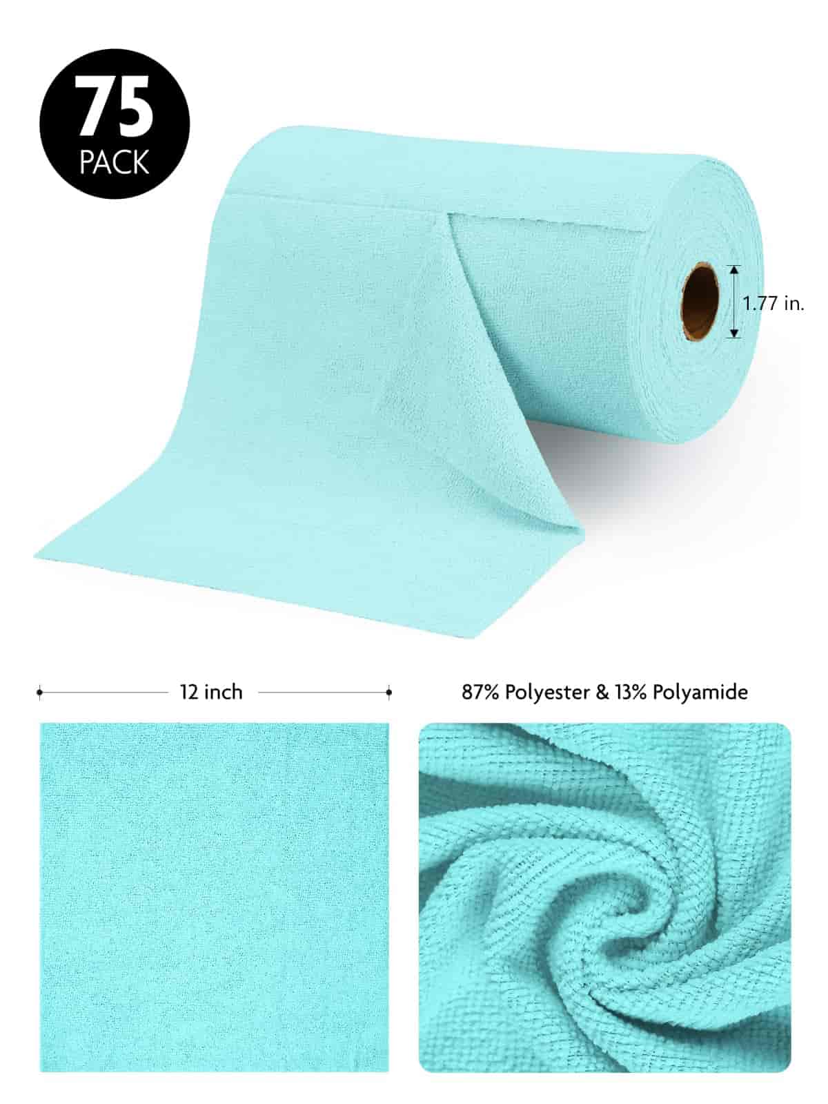 Easy Tear-Away Microfiber Cleaning Roll (75-Pack) - Satisfying, Washable & Reusable - 12"x12"(Blue)