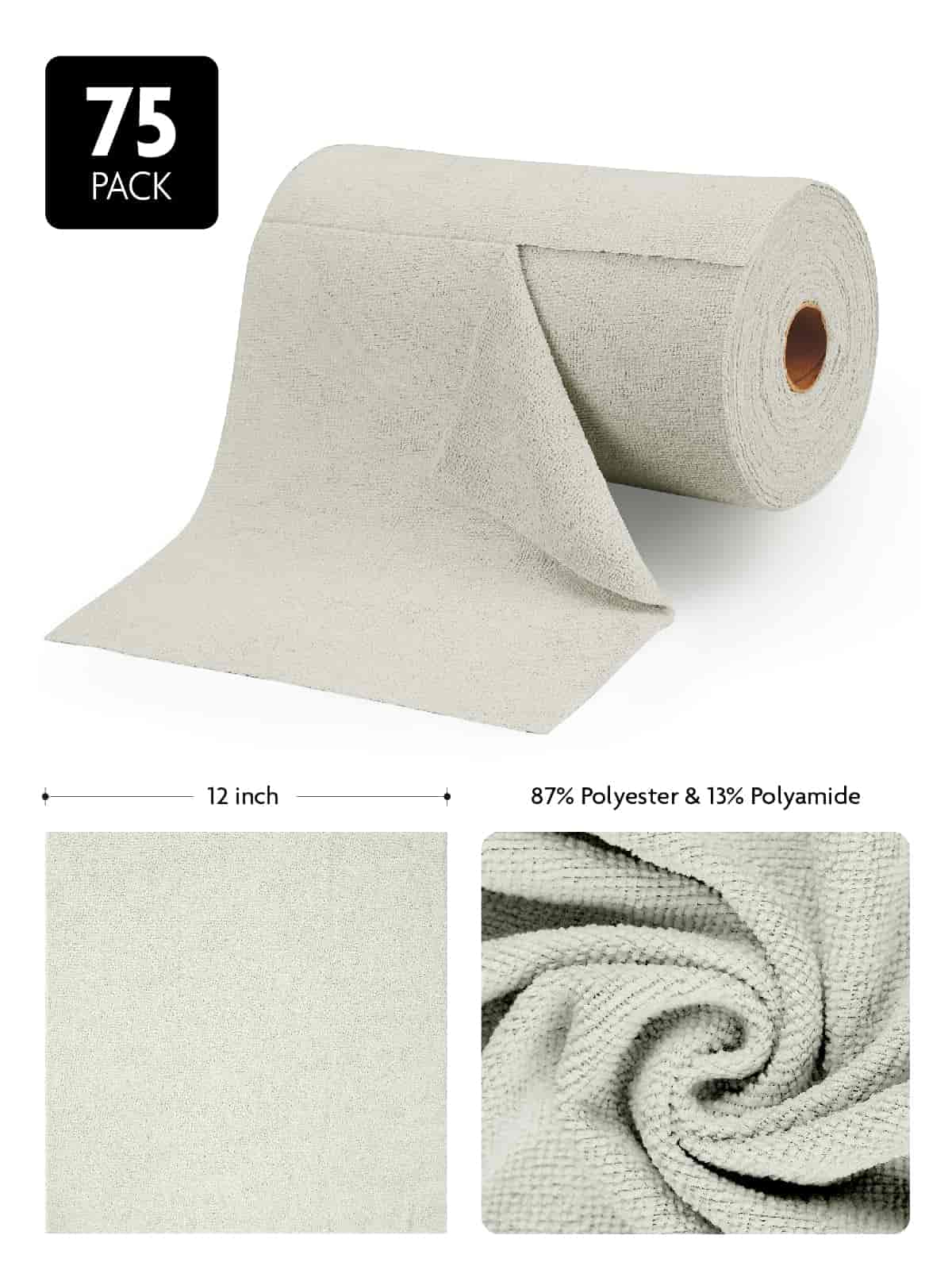 Easy Tear-Away Microfiber Cleaning Roll (75-Pack) - Satisfying, Washable & Reusable - 12"x12" (Grey)