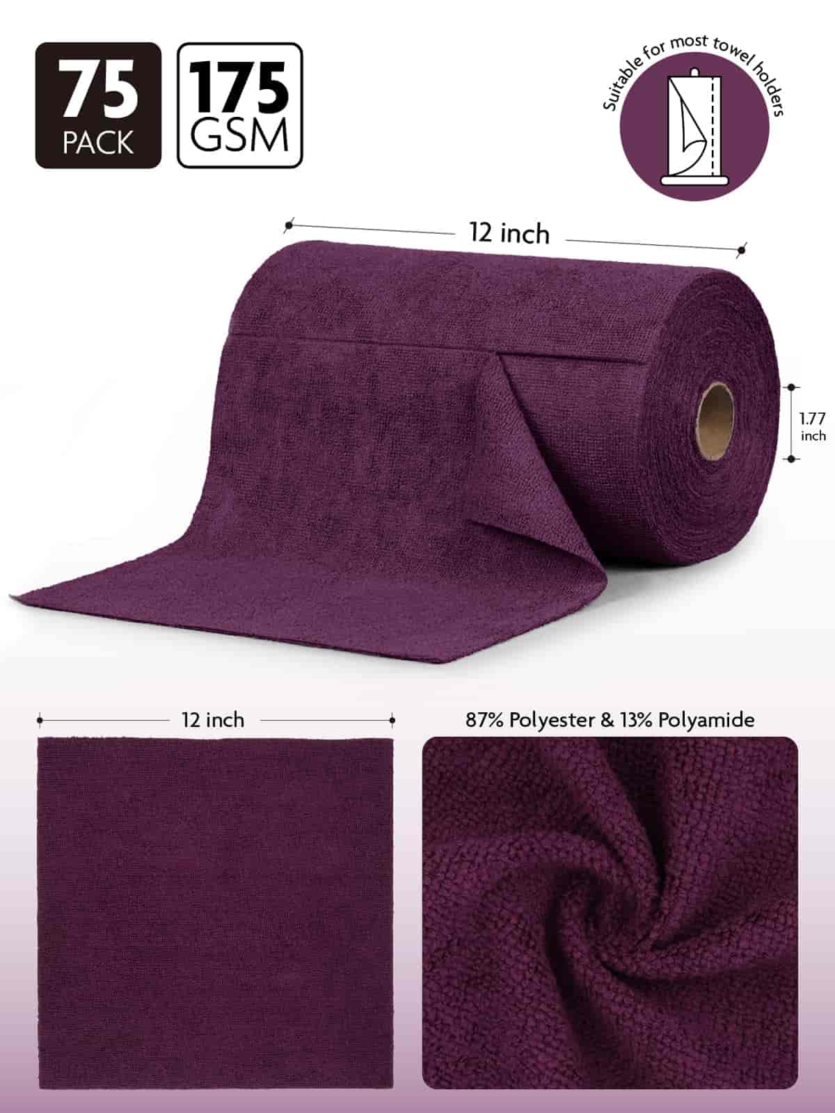 Easy Tear-Away Microfiber Cleaning Roll (75-Pack) - Satisfying, Washable & Reusable - 12"x12"(Deep Purple)