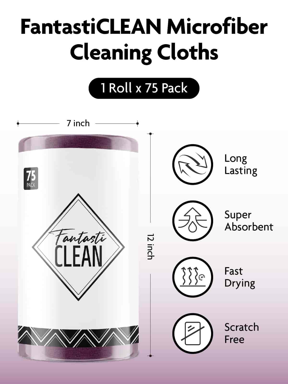 Easy Tear-Away Microfiber Cleaning Roll (75-Pack) - Satisfying, Washable & Reusable - 12"x12"(Deep Purple)