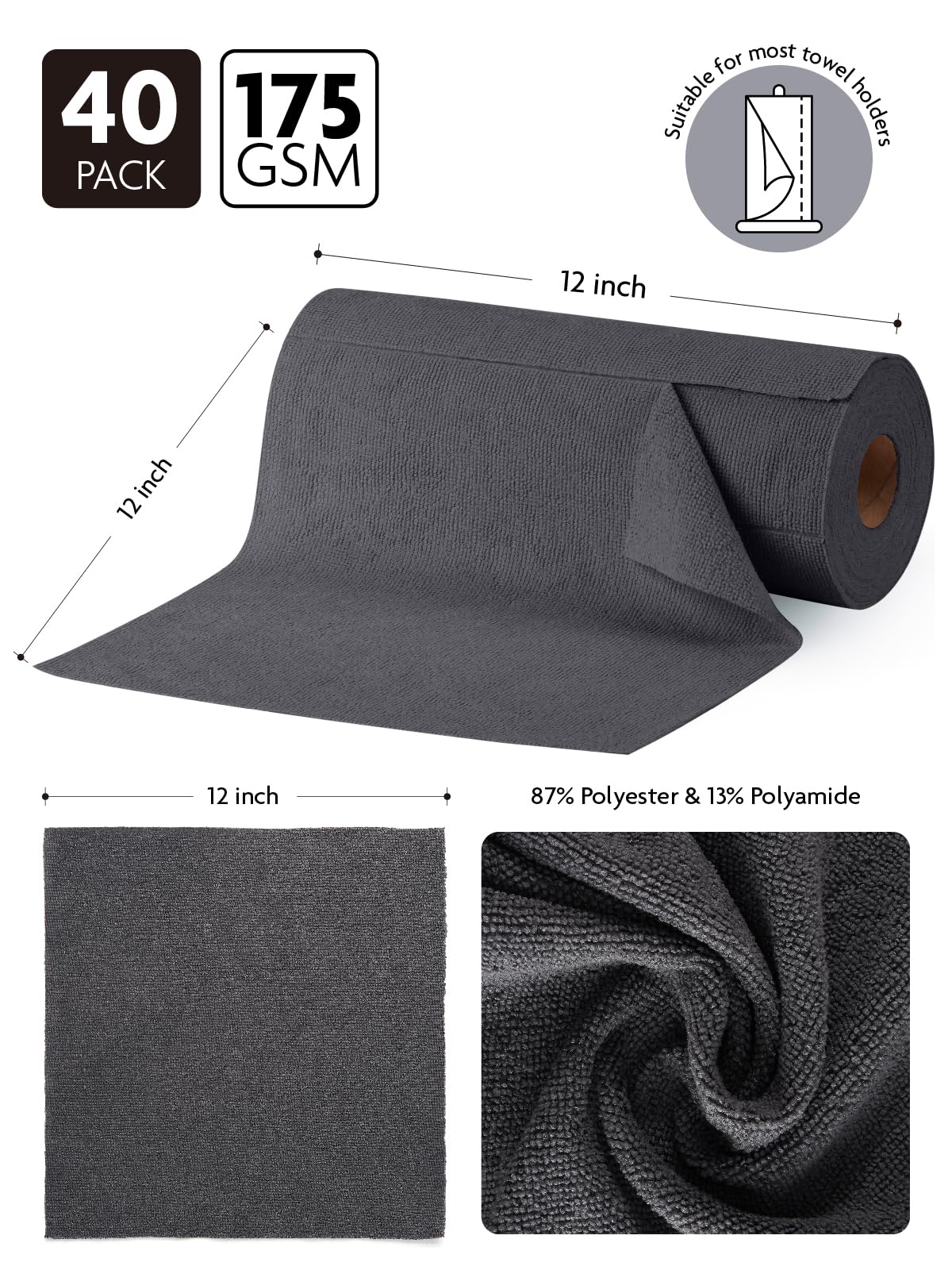 40 Pack Microfiber on a Roll Tear-Away Cleaning Towels, Reusable and Washable Cloths, for Car (Deep Grey)