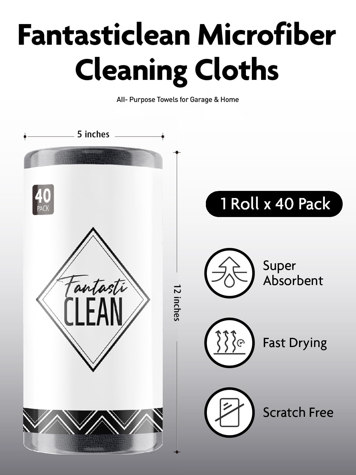 40 Pack Microfiber on a Roll Tear-Away Cleaning Towels, Reusable and Washable Cloths, for Car (Deep Grey)