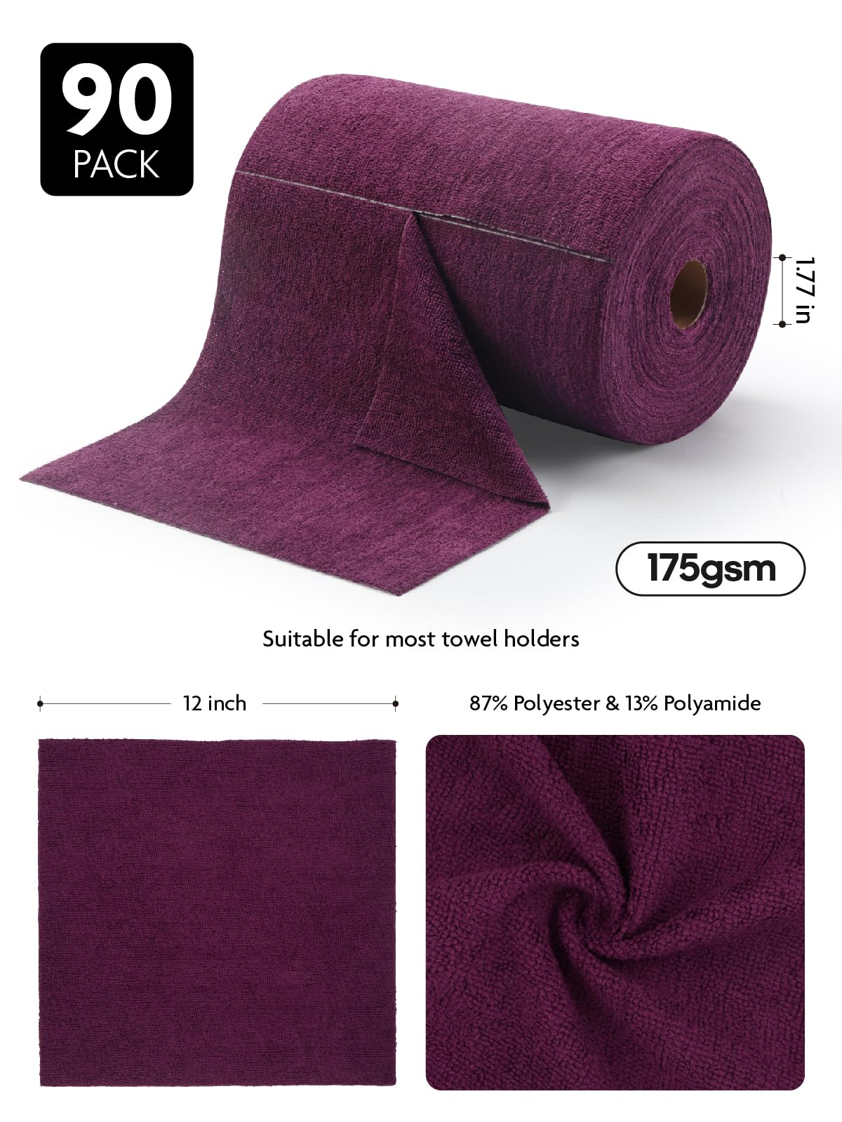 90 Pack Microfiber on a Roll Tear-Away Cleaning Towels, Reusable and Washable Cloths, for Car(Deep Purple)