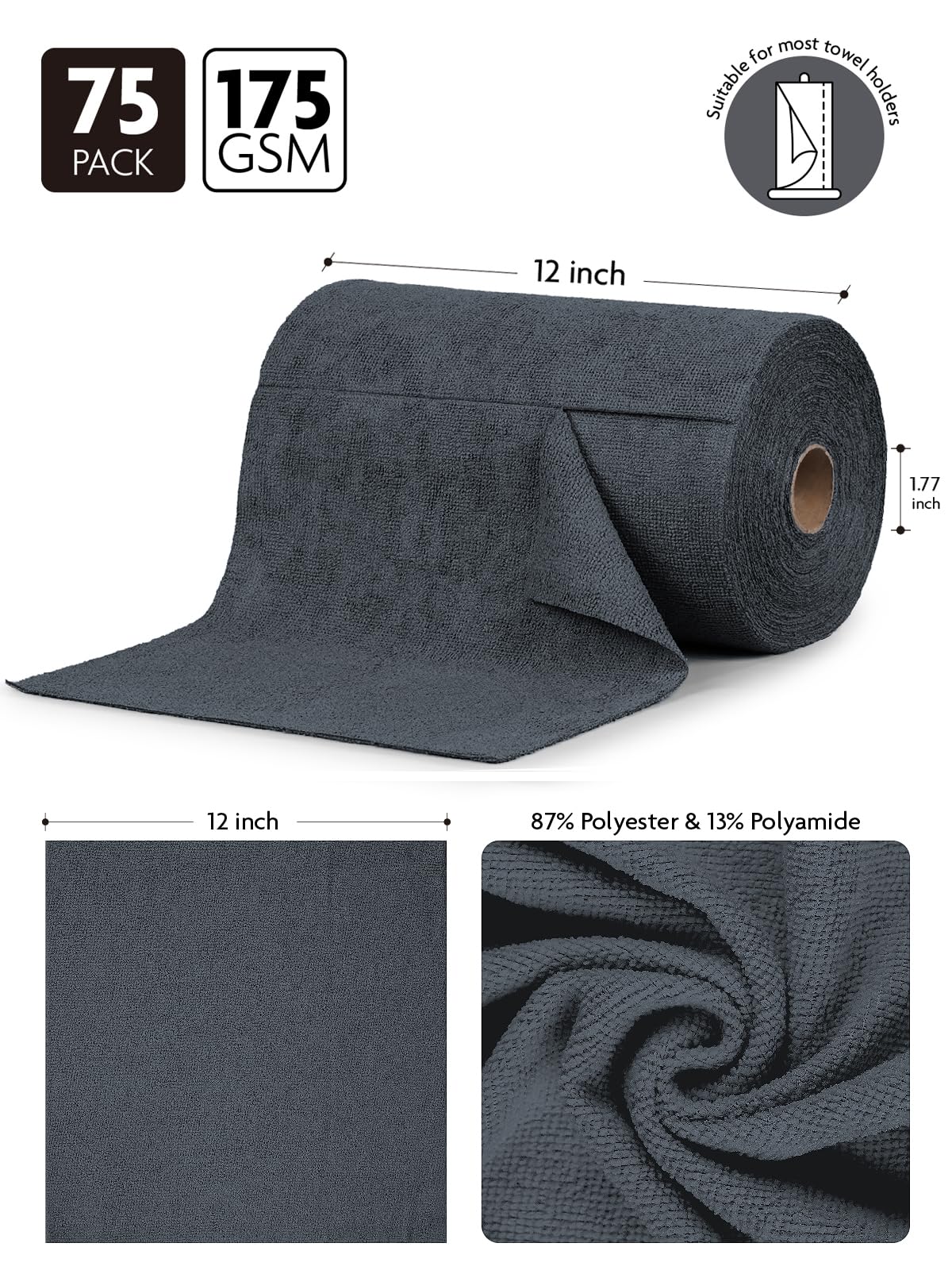 4Pcs Microfiber on a Roll Tear-Away Cleaning Towels, Reusable and Washable Cloths, for Car, House(Dimgray)