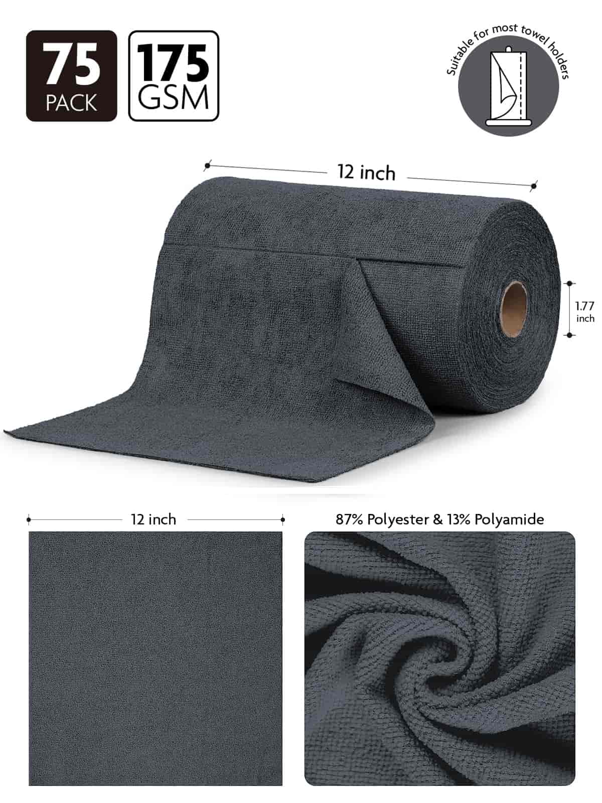 Easy Tear-Away Microfiber Cleaning Roll (75-Pack) - Satisfying, Washable & Reusable - 12"x12"(Dimgray)