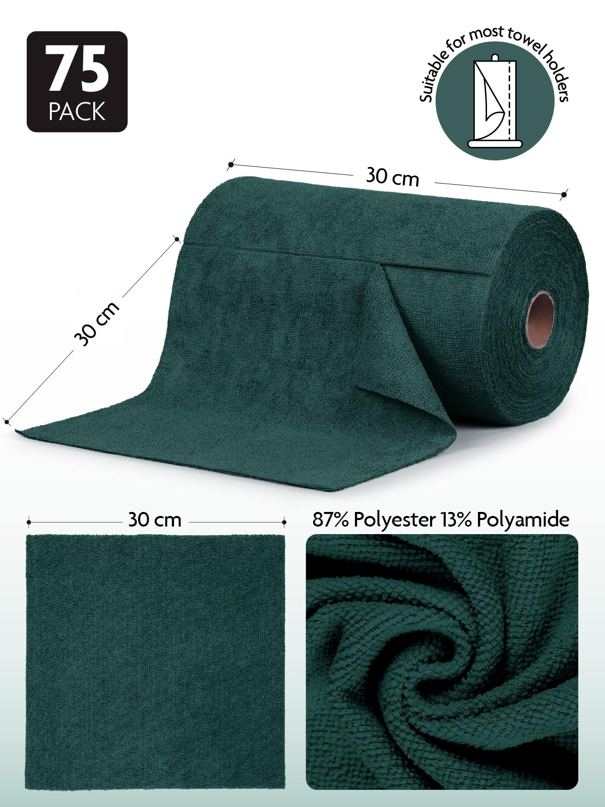 75 Pack Microfiber Cleaning Cloth Roll Tear Away Microfiber Towels 12" x 12"(Forest Green)