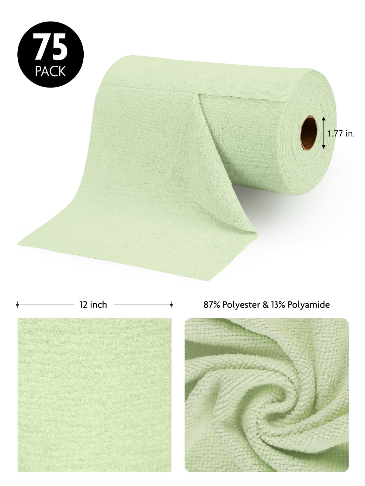 75 Pack Microfiber Cleaning Cloth Roll Tear Away Microfiber Towels 12" x 12"(Green)