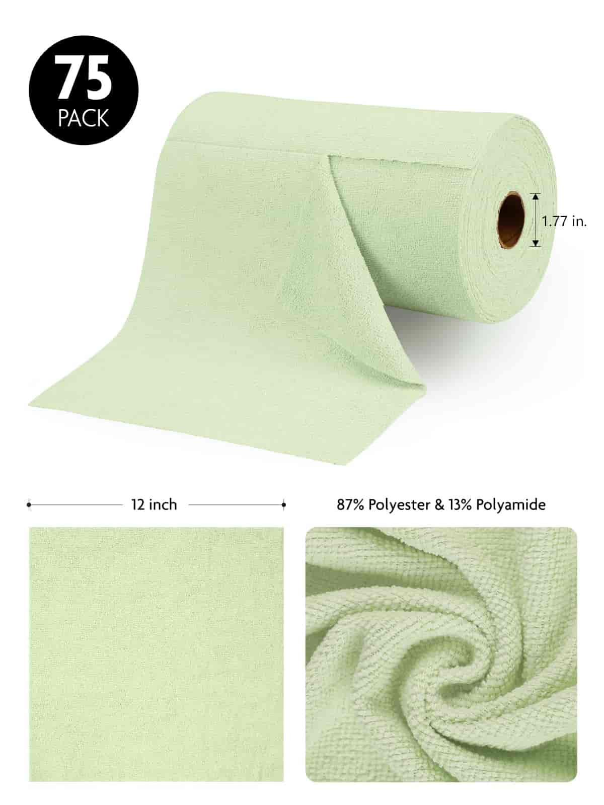 Easy Tear-Away Microfiber Cleaning Roll (75-Pack) - Satisfying, Washable & Reusable - 12"x12"(Green)