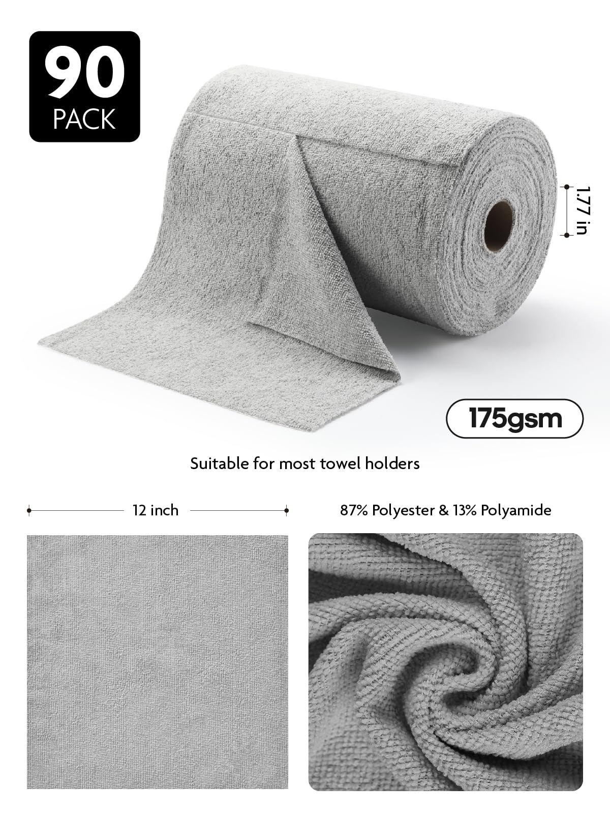 90 Pack Microfiber on a Roll Tear-Away Cleaning Towels, Reusable and Washable Cloths, for Car(Grey)