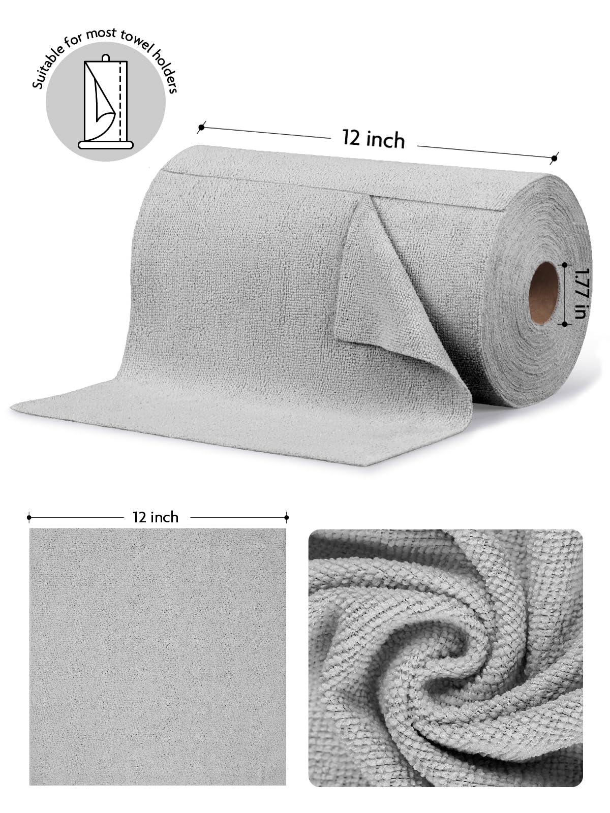 9Pcs Microfiber on a Roll Tear-Away Cleaning Towels, Reusable and Washable Cloths for Car, House(Grey)