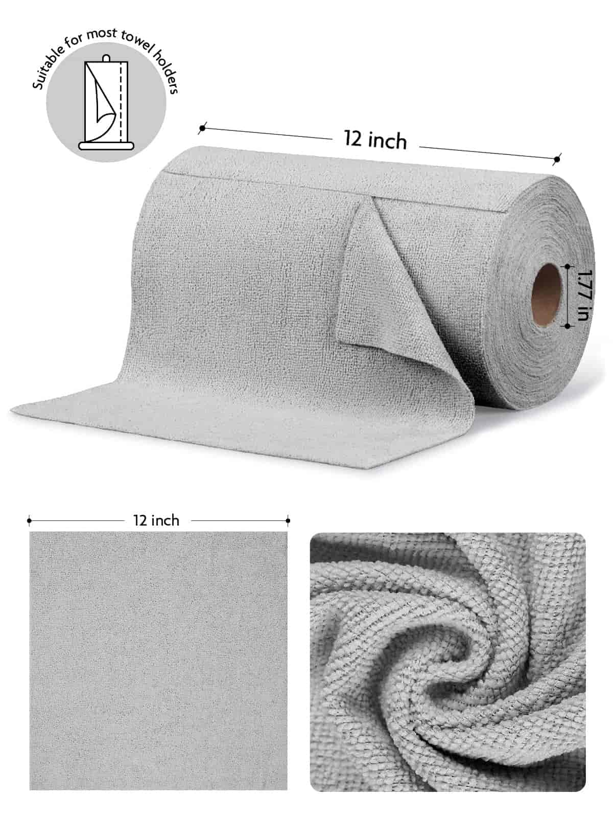 Easy Tear-Away Microfiber Cleaning Roll (675-Pack) - Satisfying, Washable & Reusable - 12"x12"(Grey)