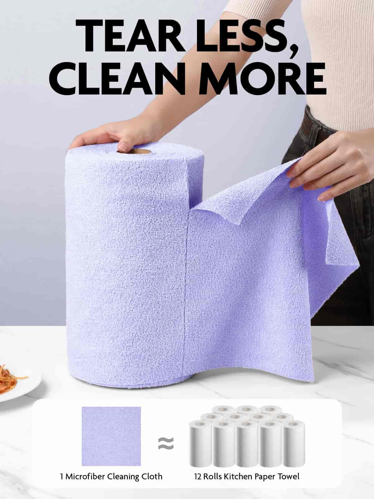 Easy Tear-Away Microfiber Cleaning Roll (75-Pack) - Satisfying, Washable & Reusable - 12"x12"(Lavender)