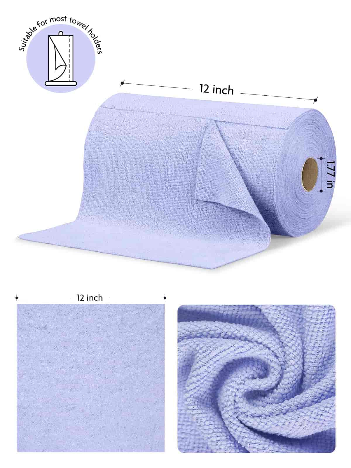Easy Tear-Away Microfiber Cleaning Roll (75-Pack) - Satisfying, Washable & Reusable - 12"x12"(Lavender)