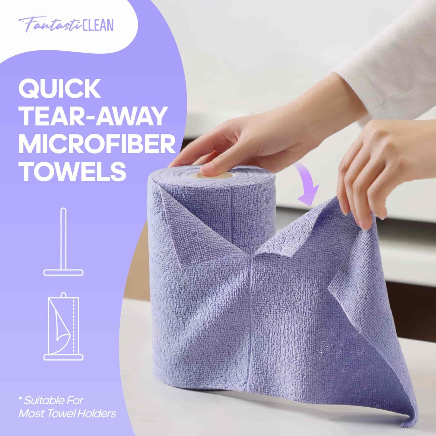 60 Pack Tear-Away Reusable Microfiber Towel Roll - Washable Kitchen Paper Towel Alternative Cleaning Rags (8"x8", Purple)