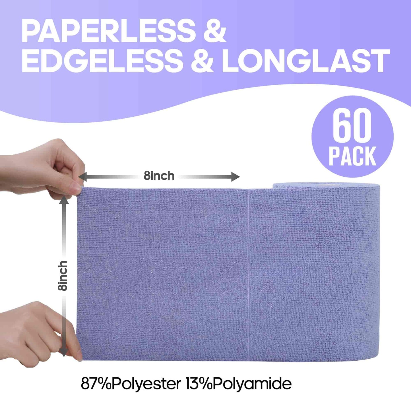 60 Pack Tear-Away Reusable Microfiber Towel Roll - Washable Kitchen Paper Towel Alternative Cleaning Rags (8"x8", Purple)