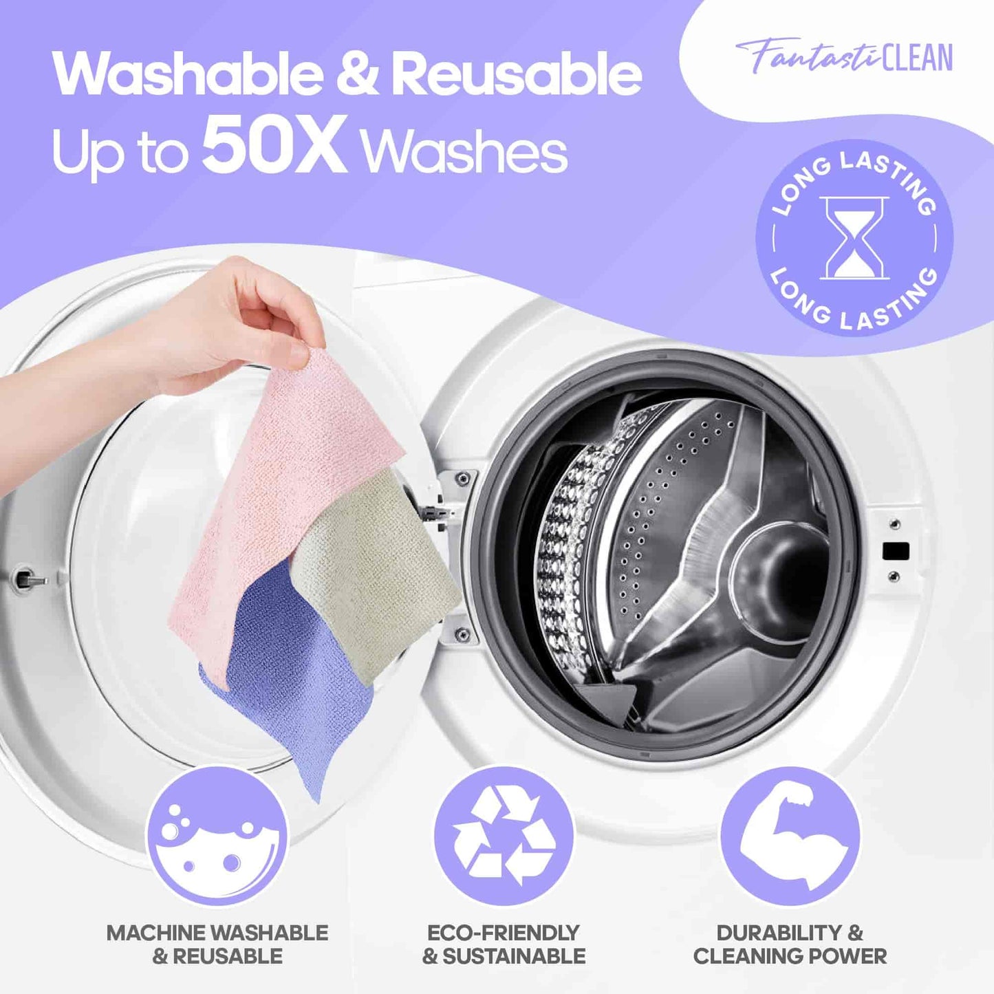 60 Pack Tear-Away Reusable Microfiber Towel Roll - Washable Kitchen Paper Towel Alternative Cleaning Rags (8"x8", Purple)