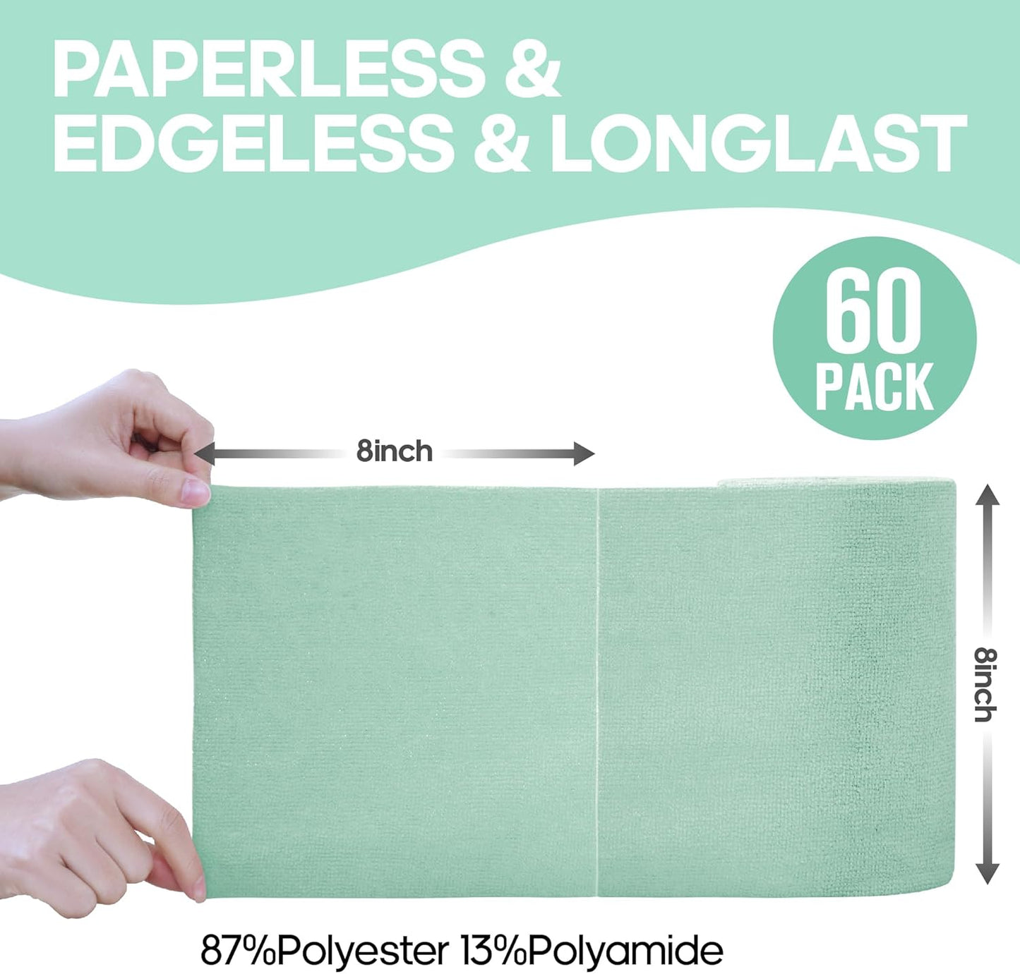 60 Pack Tear-Away Reusable Microfiber Towel Roll - Washable Kitchen Paper Towel Alternative Cleaning Rags (8"x8", Mint Green)