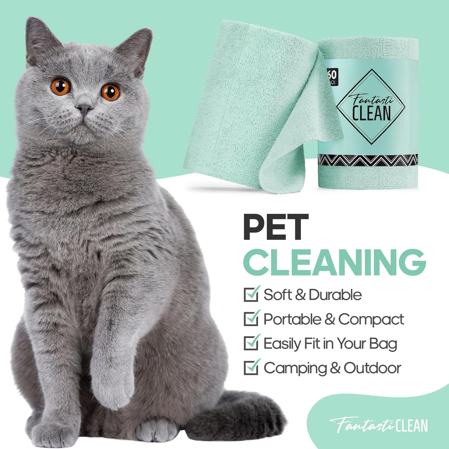 60 Pack Tear-Away Reusable Microfiber Towel Roll - Washable Kitchen Paper Towel Alternative Cleaning Rags (8"x8", Mint Green)
