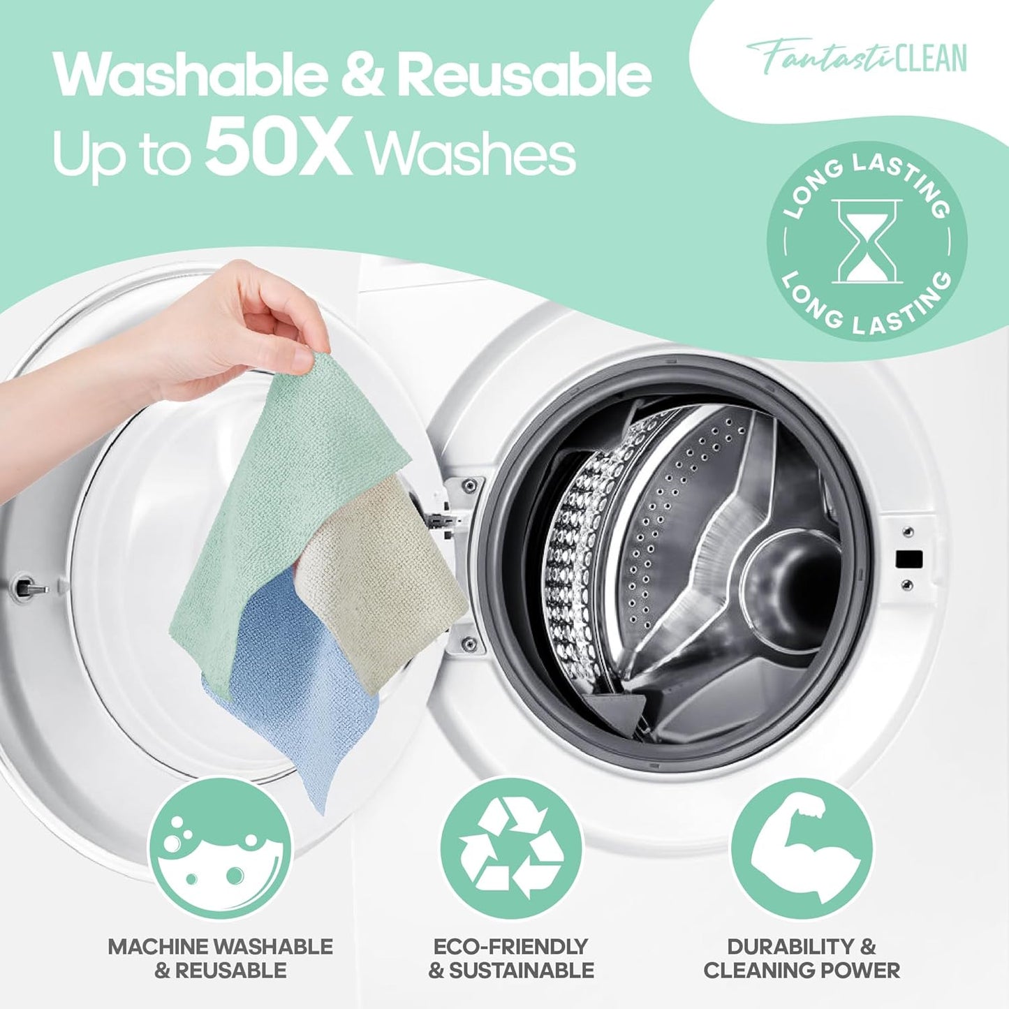 60 Pack Tear-Away Reusable Microfiber Towel Roll - Washable Kitchen Paper Towel Alternative Cleaning Rags (8"x8", Mint Green)